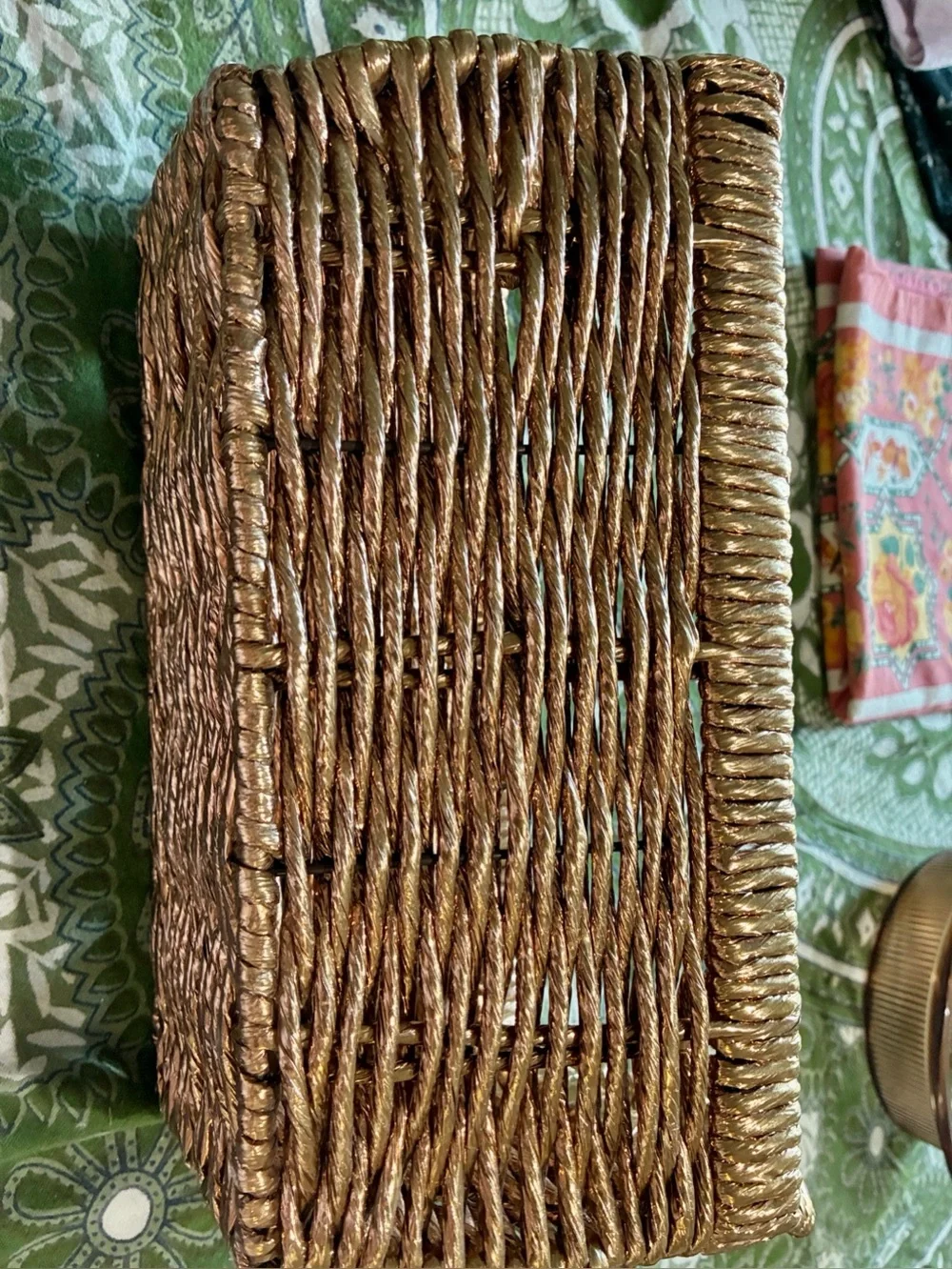 Metallic Gold Woven Abaca Rope Basket, Late 20th Century Rectangle with Handles.